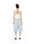 Unisex Oversize Yıpratmalı FM Icon Detaylı Premium Denim Şort - Mavi - 3