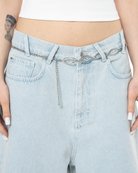 Unisex Oversize Yıpratmalı FM Icon Detaylı Premium Denim Şort - Mavi - 5