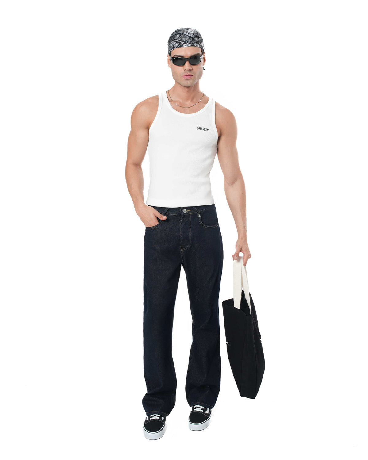 Unisex Relaxed Fit Fakemood Nakışlı Premium Raw Denim Pantolon - Lacivert - 0