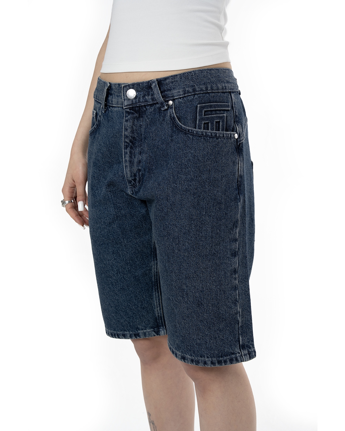 Unisex Relaxed Fit FM Icon Logo Kabartmalı Premium Denim Şort - Lacivert - 1