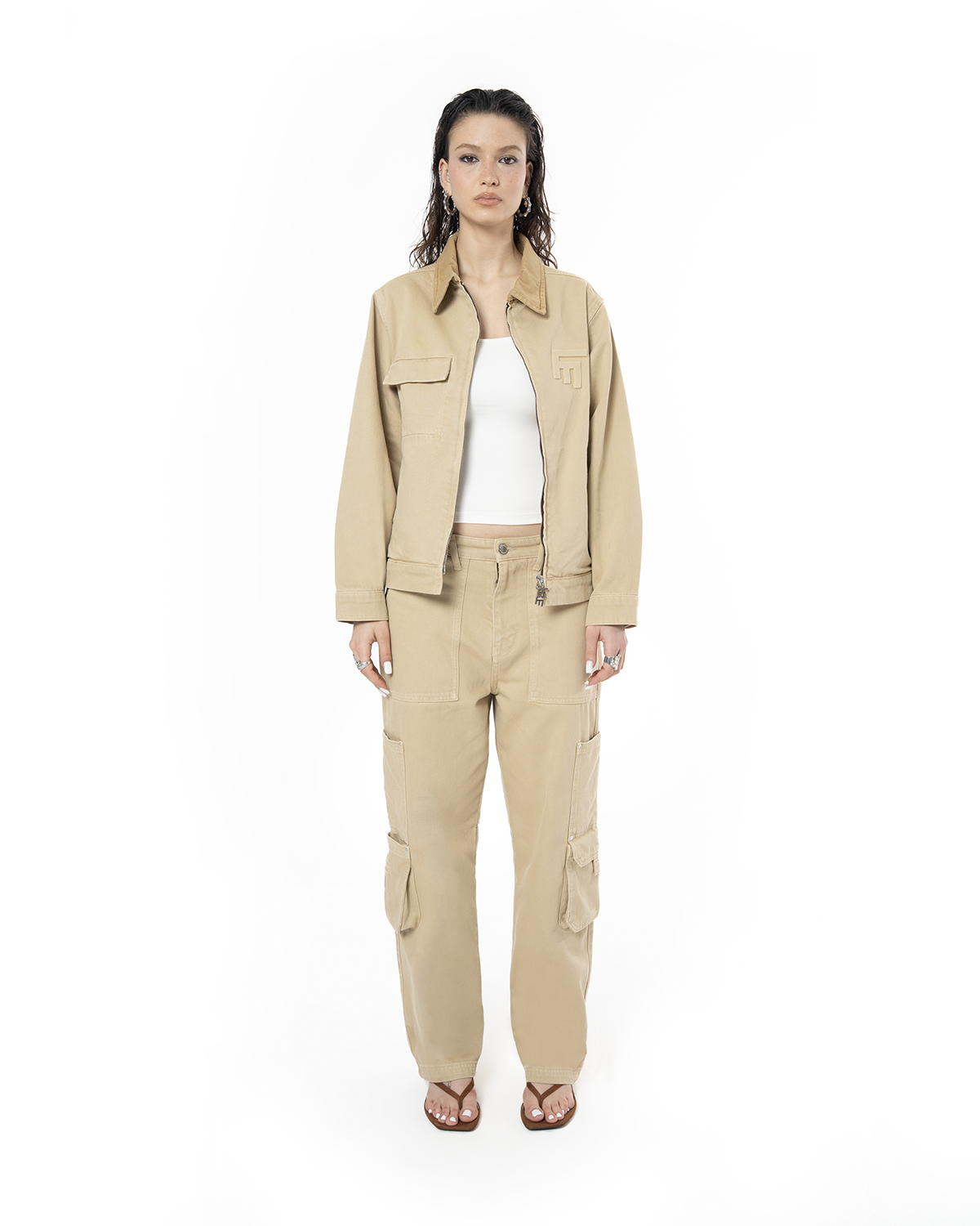 Unisex Relaxed Fit Logo Kabartmalı Nakış Detaylı Premium Kargo Pantolon - Bej - 5
