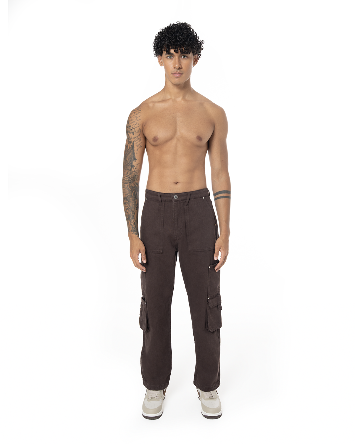Unisex Relaxed Fit Logo Kabartmalı Nakış Detaylı Premium Kargo Pantolon - Kahverengi - 0