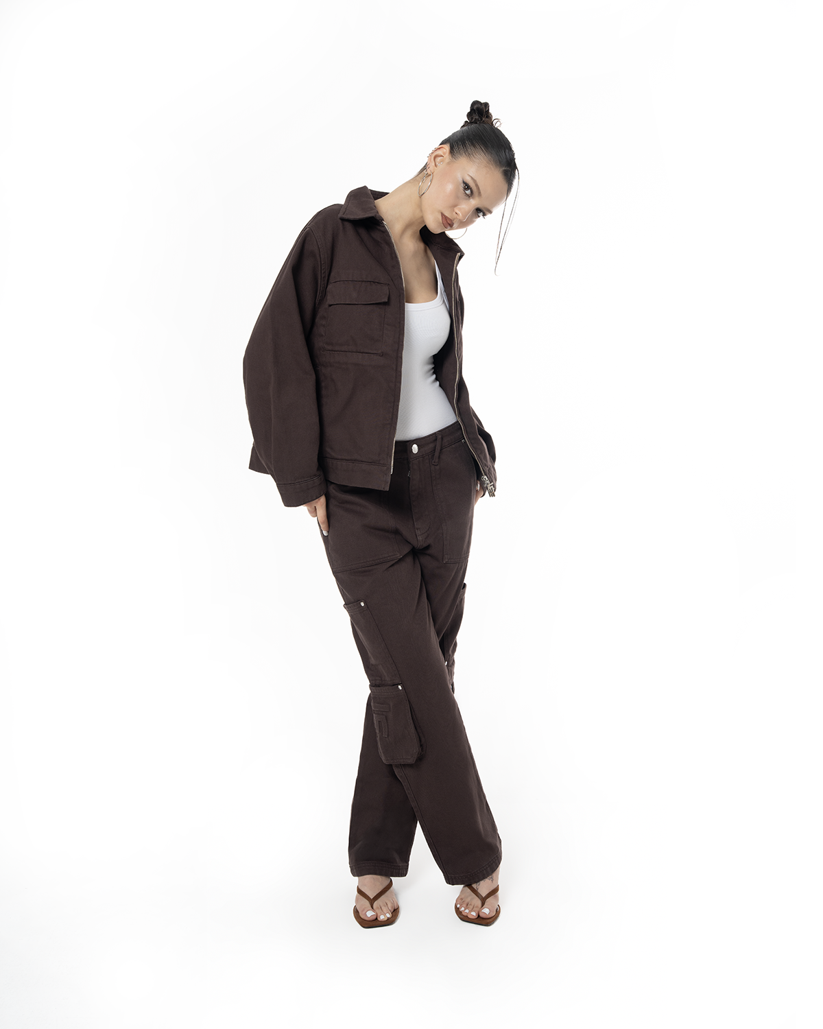 Unisex Relaxed Fit Logo Kabartmalı Nakış Detaylı Premium Kargo Pantolon - Kahverengi - 5
