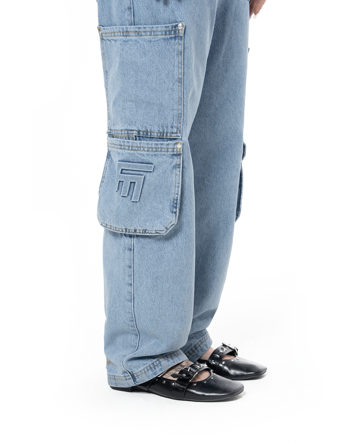 Unisex Relaxed Fit Logo Kabartmalı Nakış Detaylı Premium Kargo Pantolon - Mavi - 2