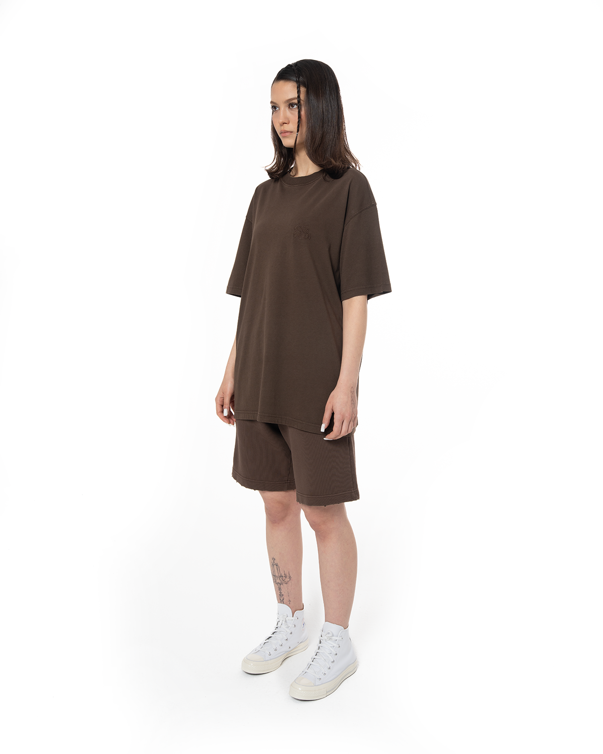 Kadın Oversize Fakemood Nakışlı Tişört - Kahverengi - 2