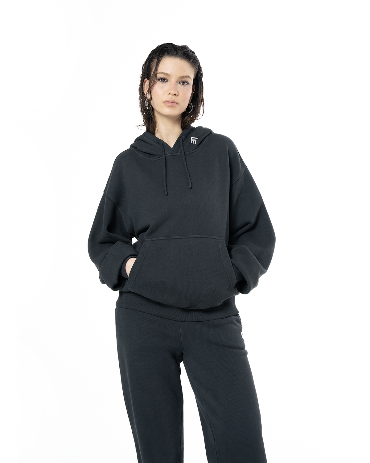Kadın Oversize Fm Icon Nakışlı Hoodie - Black - 0