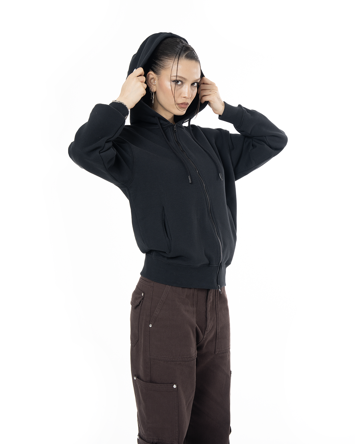 Kadın Oversize Asimetrik Kesim Nakışlı Zip Hoodie - Siyah - 0