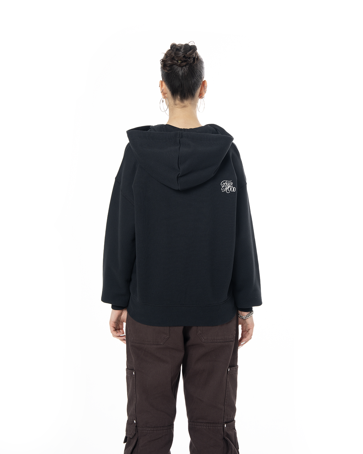 Kadın Oversize Asimetrik Kesim Nakışlı Zip Hoodie - Siyah - 3