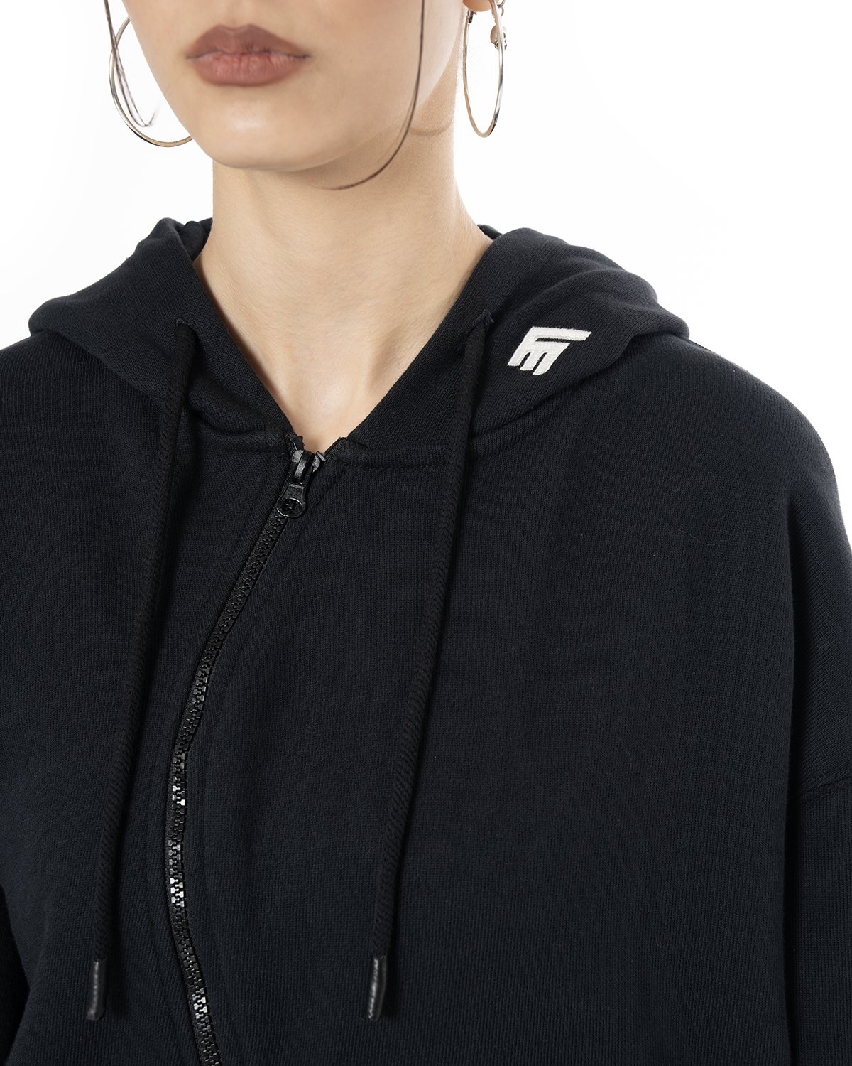 Kadın Oversize Asimetrik Kesim Nakışlı Zip Hoodie - Siyah - 4