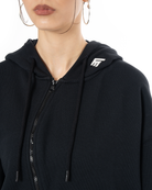 Kadın Oversize Asimetrik Kesim Nakışlı Zip Hoodie - Siyah - 4