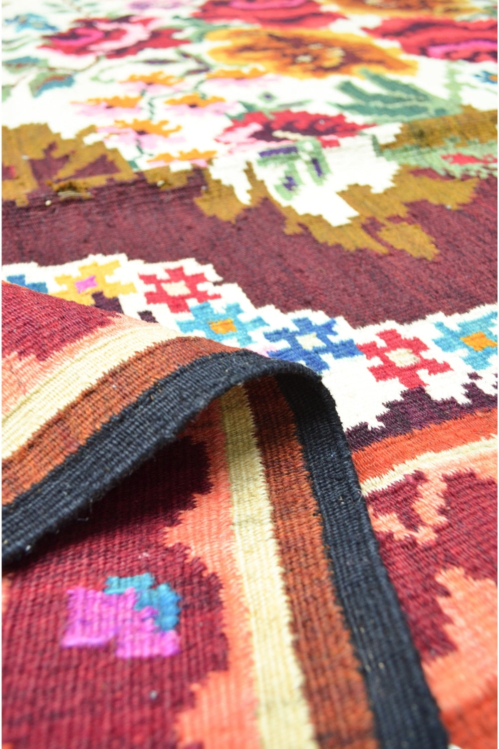 Vintage Karabağ El Dokuma Kilim, Çok Renkli Çiçek Desenli 200x340 Cm (6.8 M²) - 4