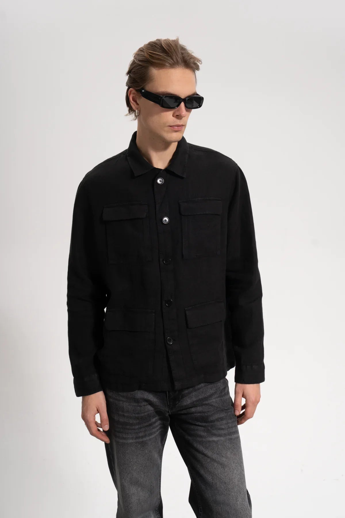Erkek Relaxed Fit Linen Shirt - Siyah - 0
