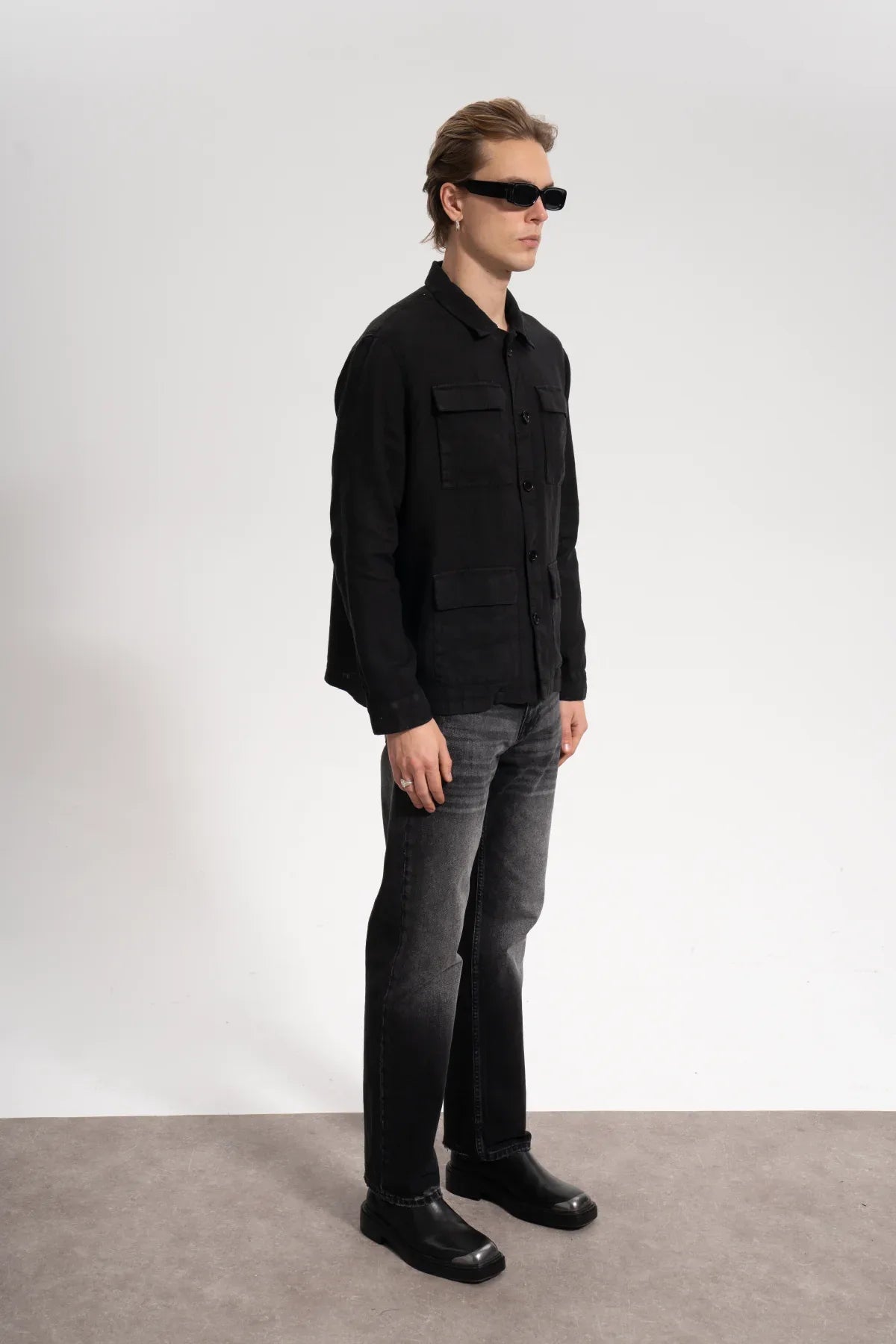 Erkek Relaxed Fit Linen Shirt - Siyah - 2