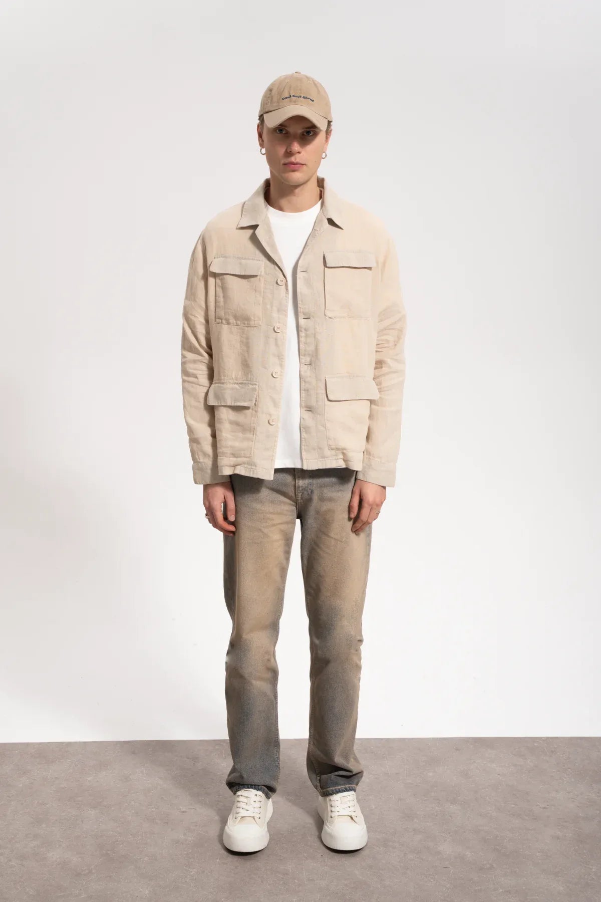 Erkek Relaxed Fit Linen Shirt - Bej - 1