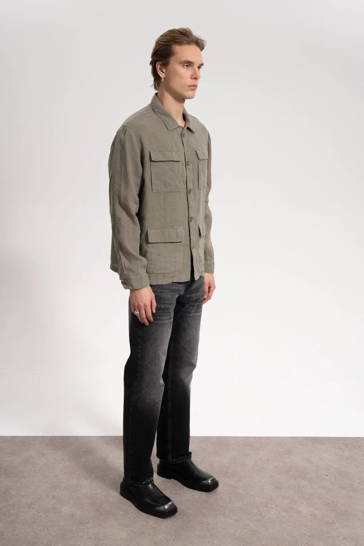Erkek Relaxed Fit Linen Shirt - Haki - 1