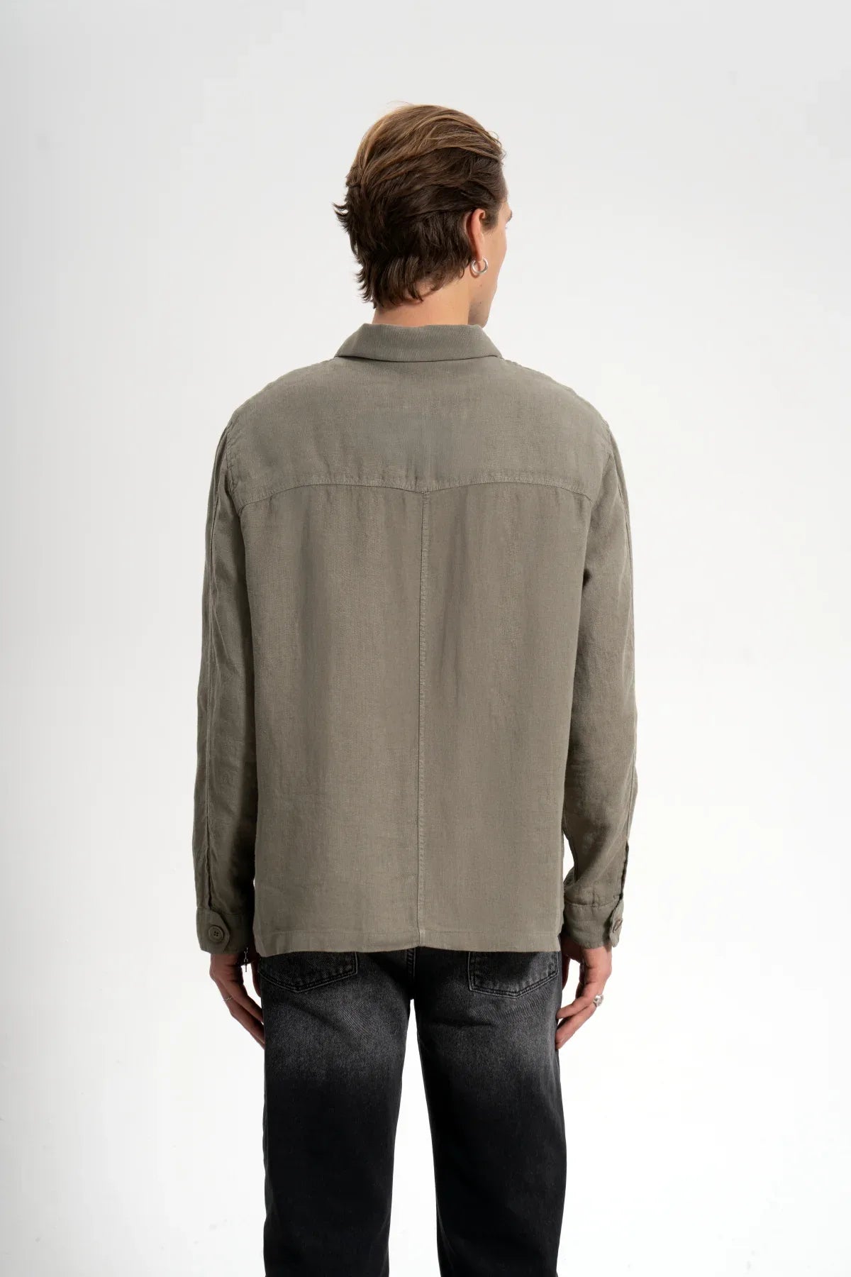Erkek Relaxed Fit Linen Shirt - Haki - 2