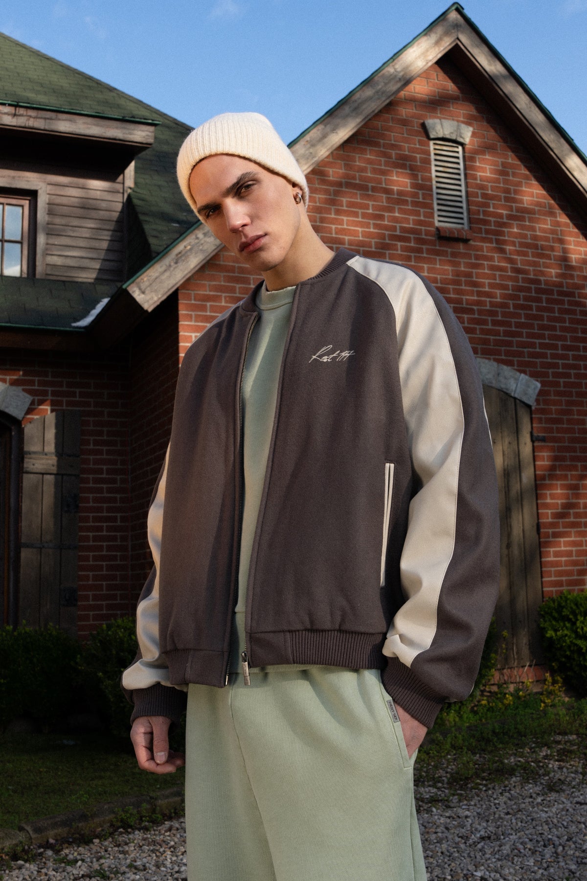 Unisex Relaxed Fit Leather College Jacket - Kahverengi - 0