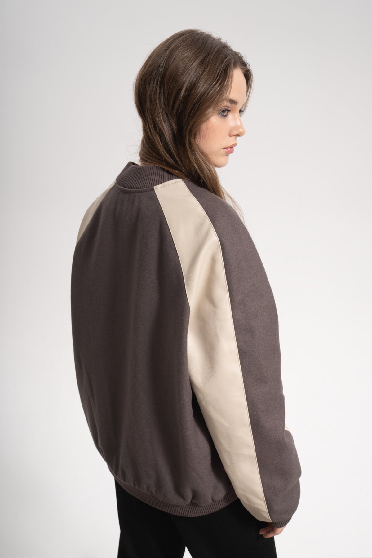 Unisex Relaxed Fit Leather College Jacket - Kahverengi - 4