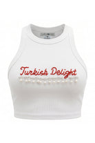 Boncuk İşlemeli Crop Atlet, Beyaz - 0