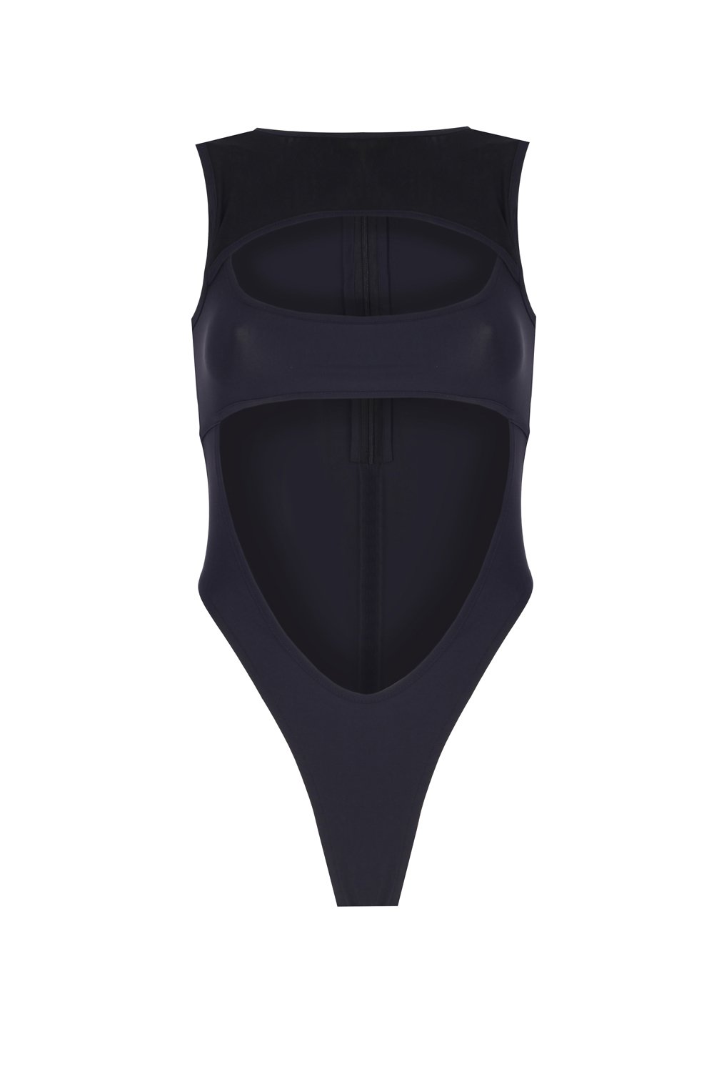 Pencere Detaylı Göbek Dekolteli Kontrast Kumaşlı Bodysuit - 0