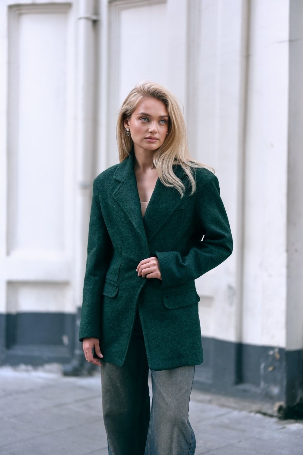 Yün Karışımlı Kruvaze Blazer Ceket, Koyu Yeşil - 2
