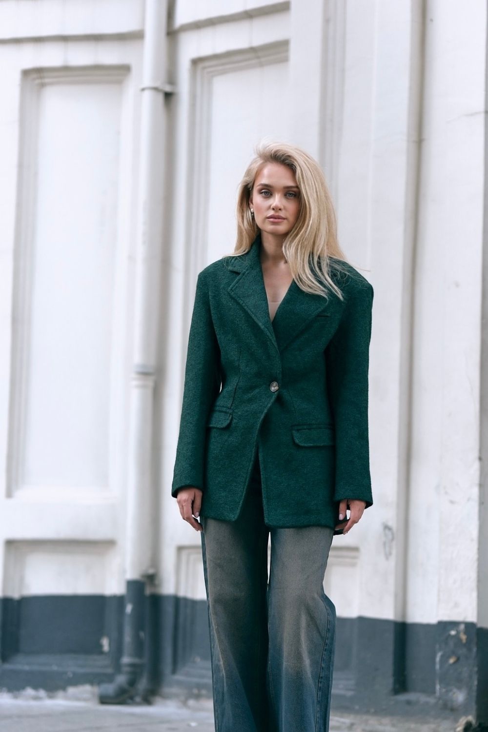 Yün Karışımlı Kruvaze Blazer Ceket, Koyu Yeşil - 3