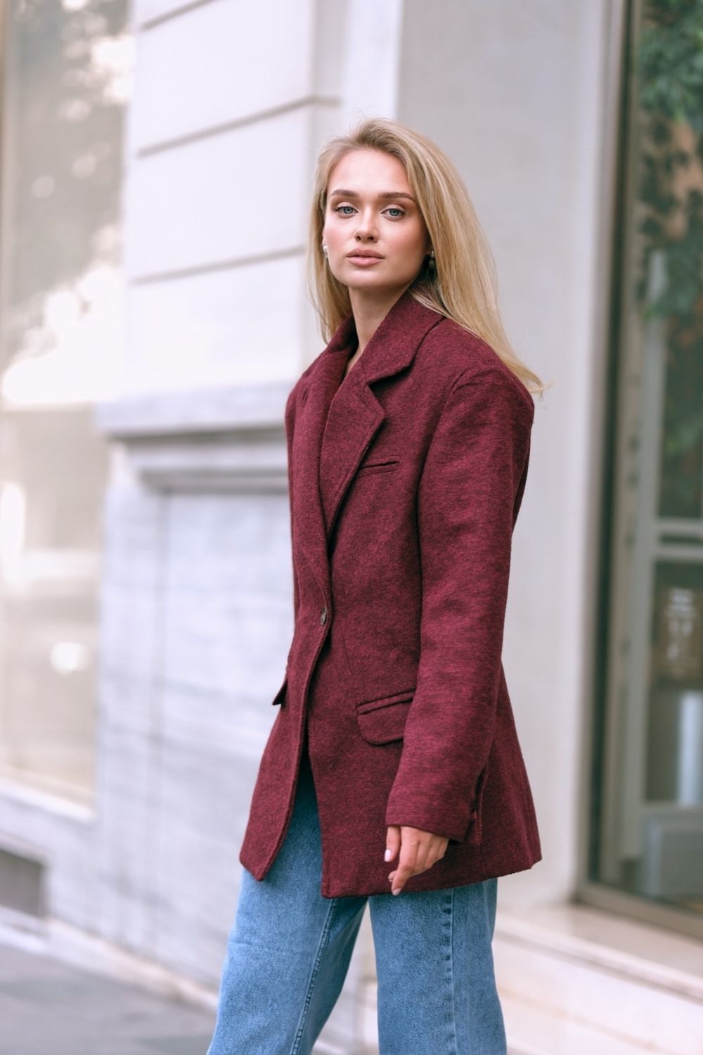 Yün Karışımlı Kruvaze Blazer Ceket, Bordo - 3