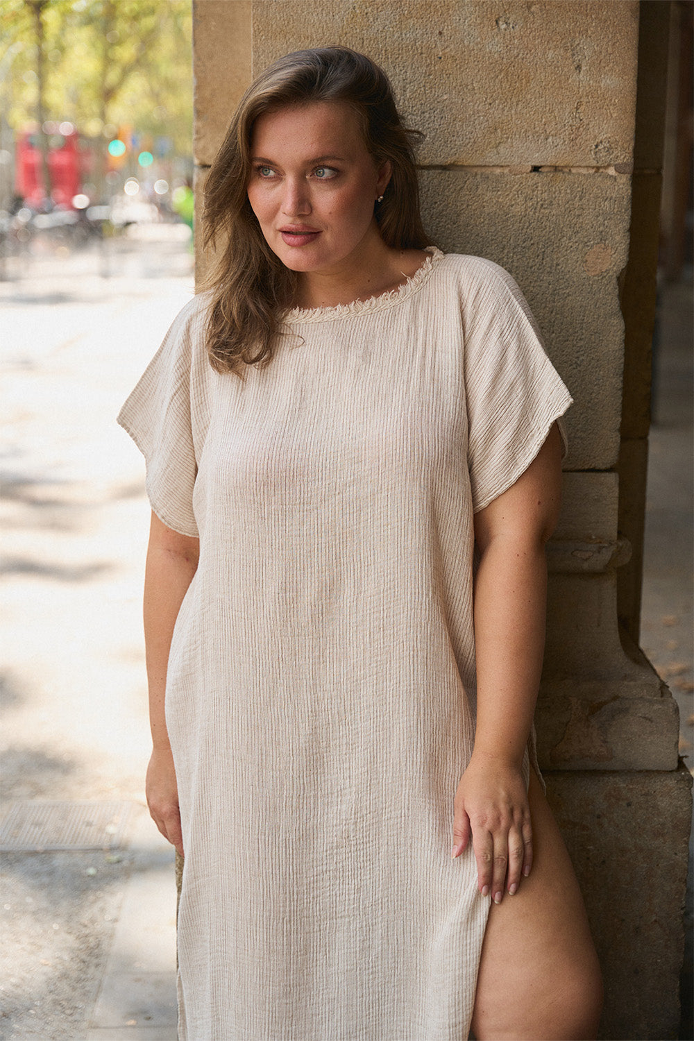 Çizgili Lyocell Kaftan Elbise - 2