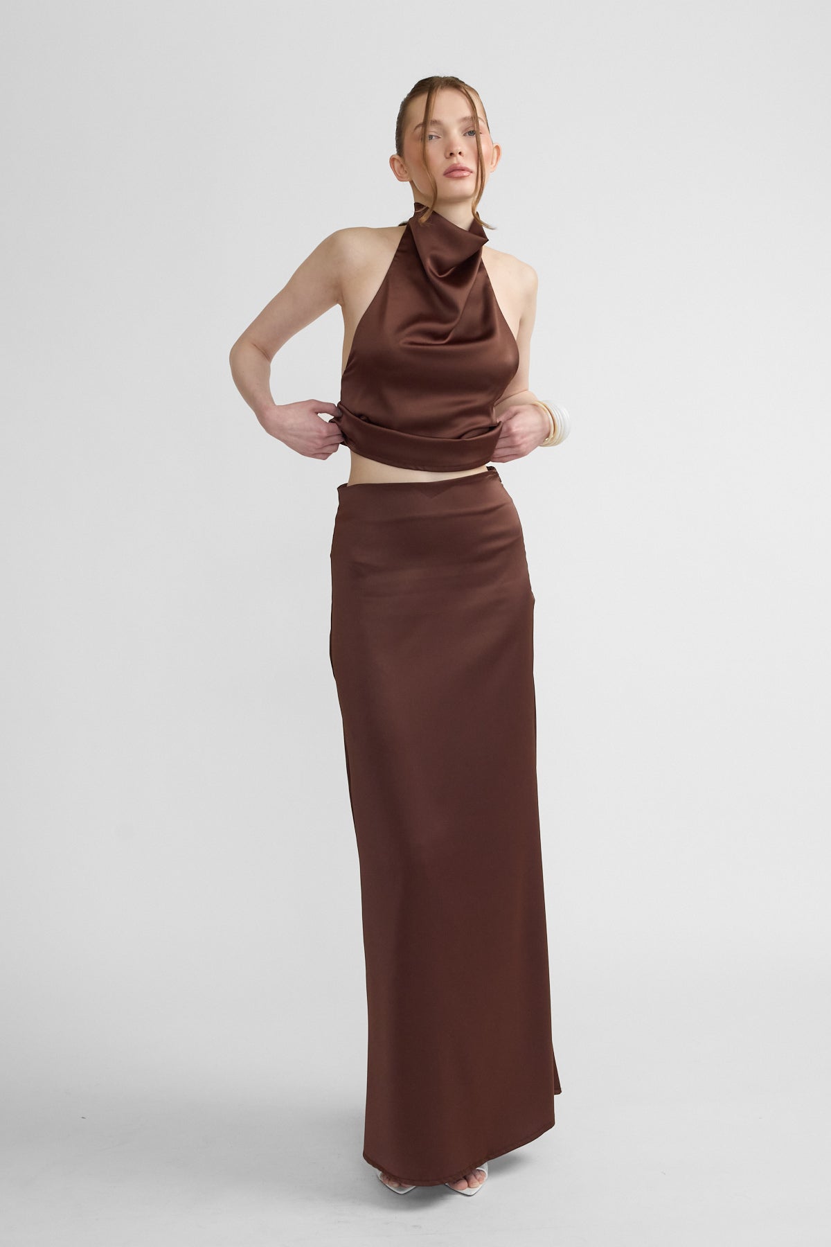 Elisa Uzun Saten Etek - Kahve - 0