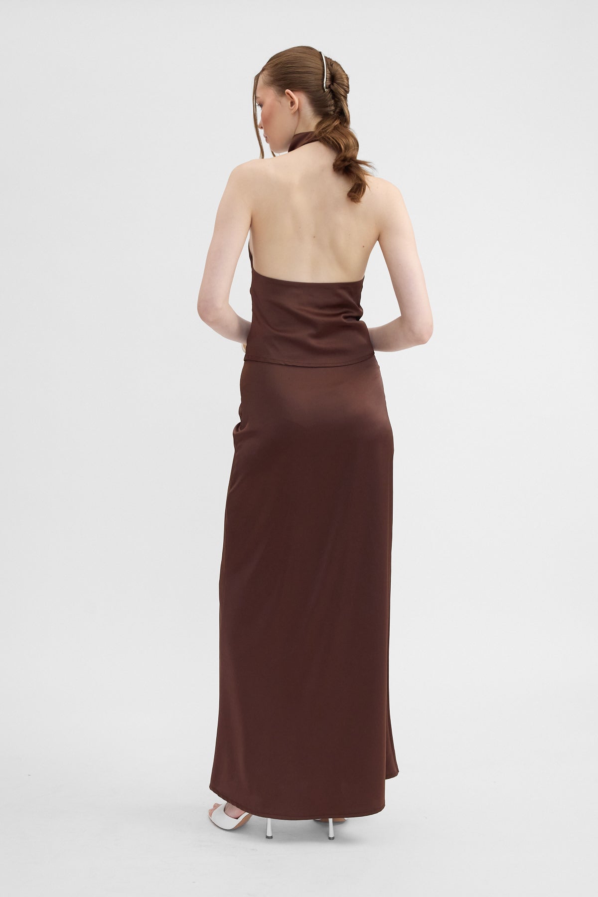 Elisa Uzun Saten Etek - Kahve - 2