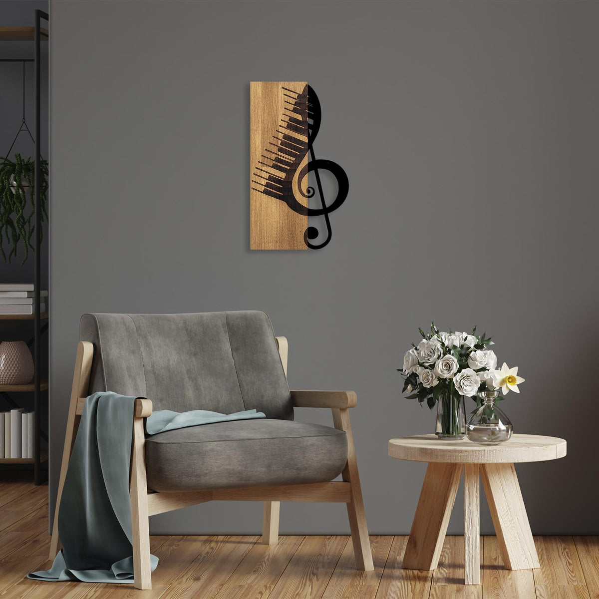 Ahşap ve Metal Duvar Tablosu, Siyah-Ceviz - 30x50 cm - 1