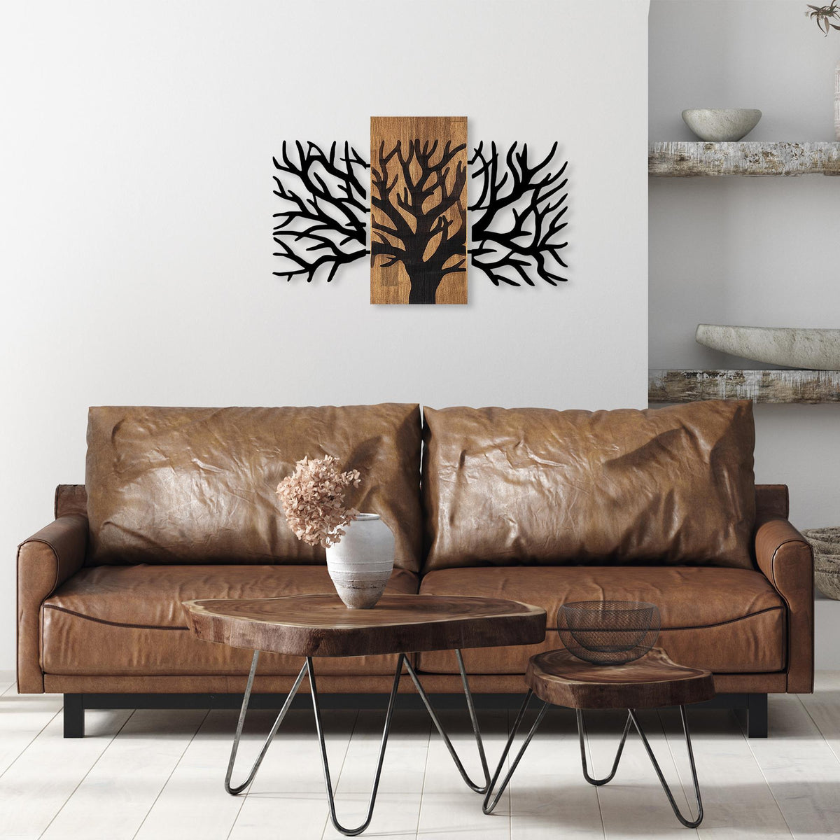 Ahşap ve Metal Duvar Tablosu, Siyah-Ceviz - 59x96 cm - 0
