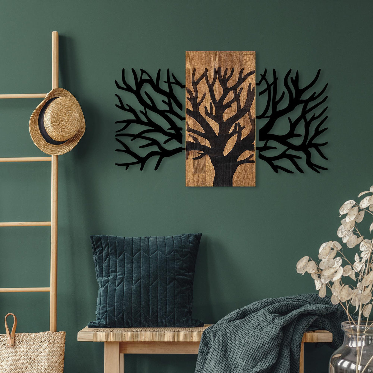Ahşap ve Metal Duvar Tablosu, Siyah-Ceviz - 59x96 cm - 1