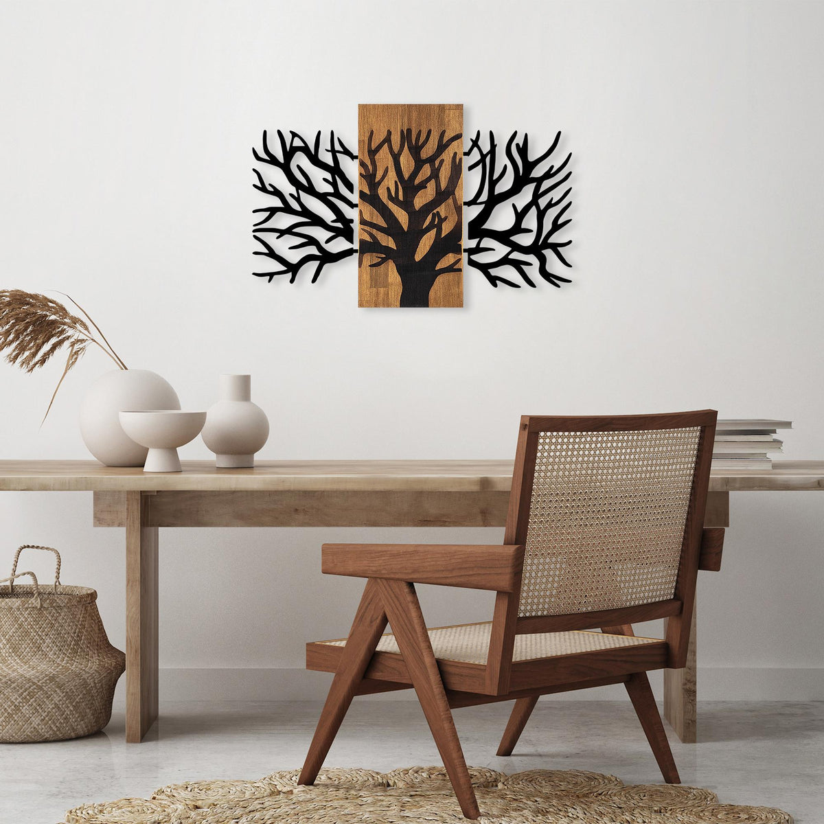 Ahşap ve Metal Duvar Tablosu, Siyah-Ceviz - 59x96 cm - 2