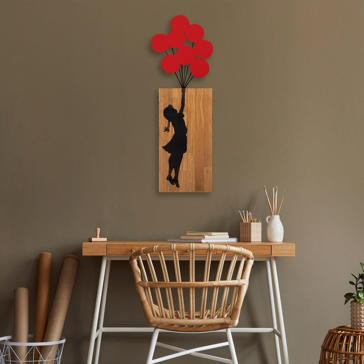 Ahşap ve Metal Duvar Tablosu, Siyah-Kırmızı-Ceviz - 70x62 cm - 1