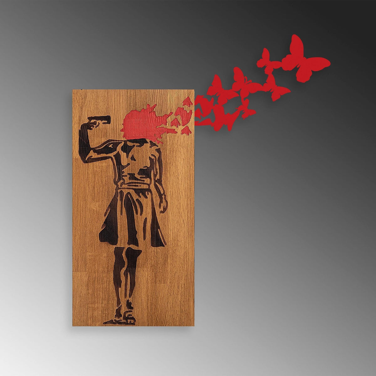 Ahşap ve Metal Duvar Tablosu, Siyah-Kırmızı-Ceviz - 99x34 cm - 4
