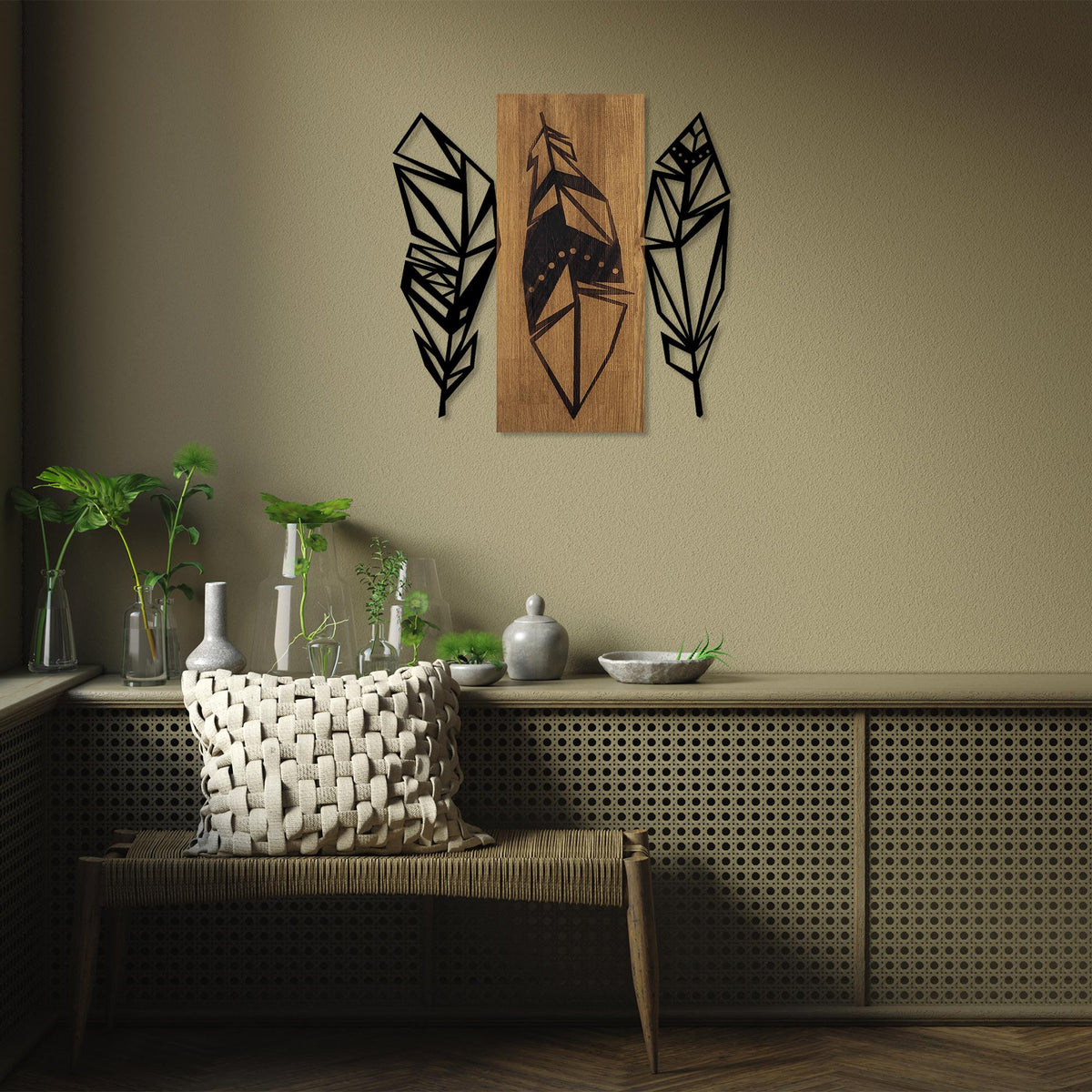 Ahşap ve Metal Duvar Tablosu, Siyah-Ceviz - 58x59 cm - 1