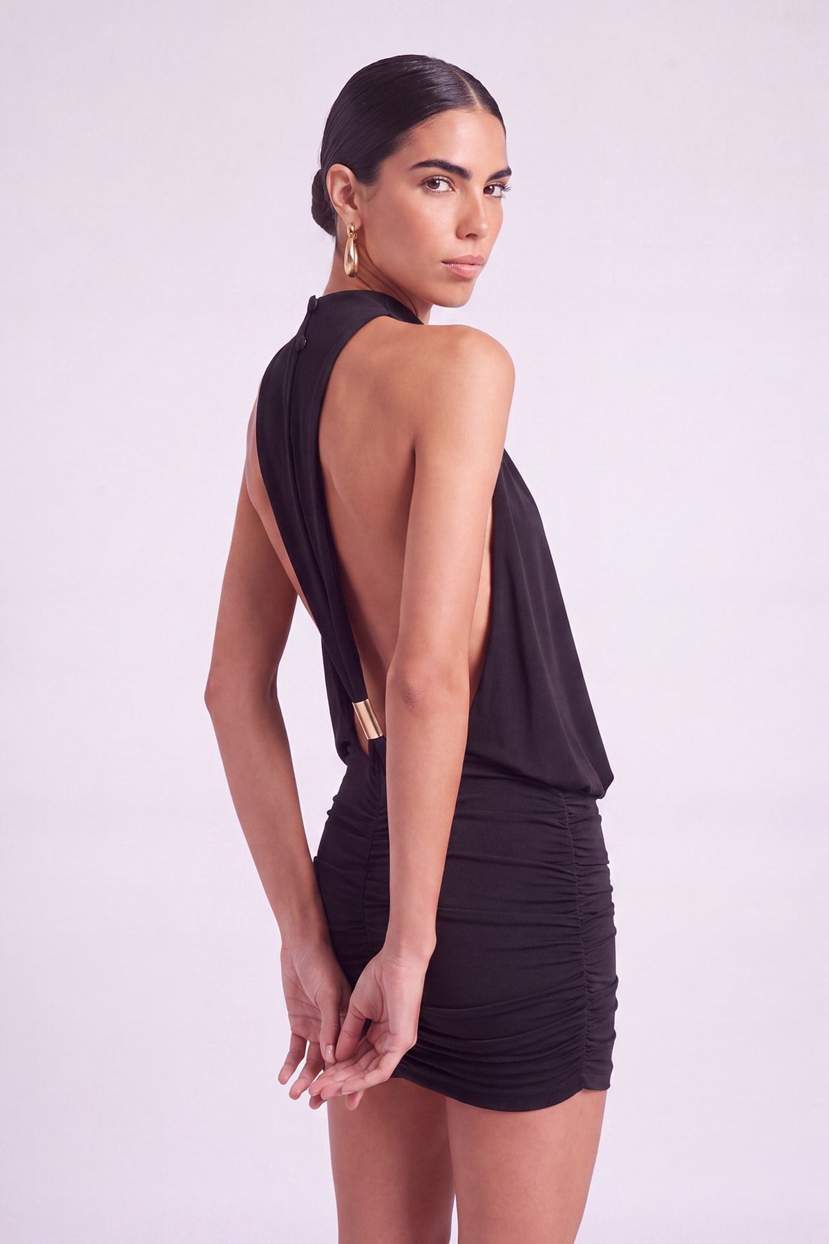Natalya Halter Yaka Drapeli Sırt Dekolteli Mini Elbise, Siyah - 2