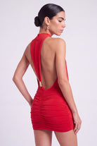 Natalya Halter Yaka Drapeli Sırt Dekolteli Mini Elbise, Kırmızı - 1