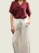 Giulia Keten Karışımlı Geniş Paça Pantolon, Beyaz - 4