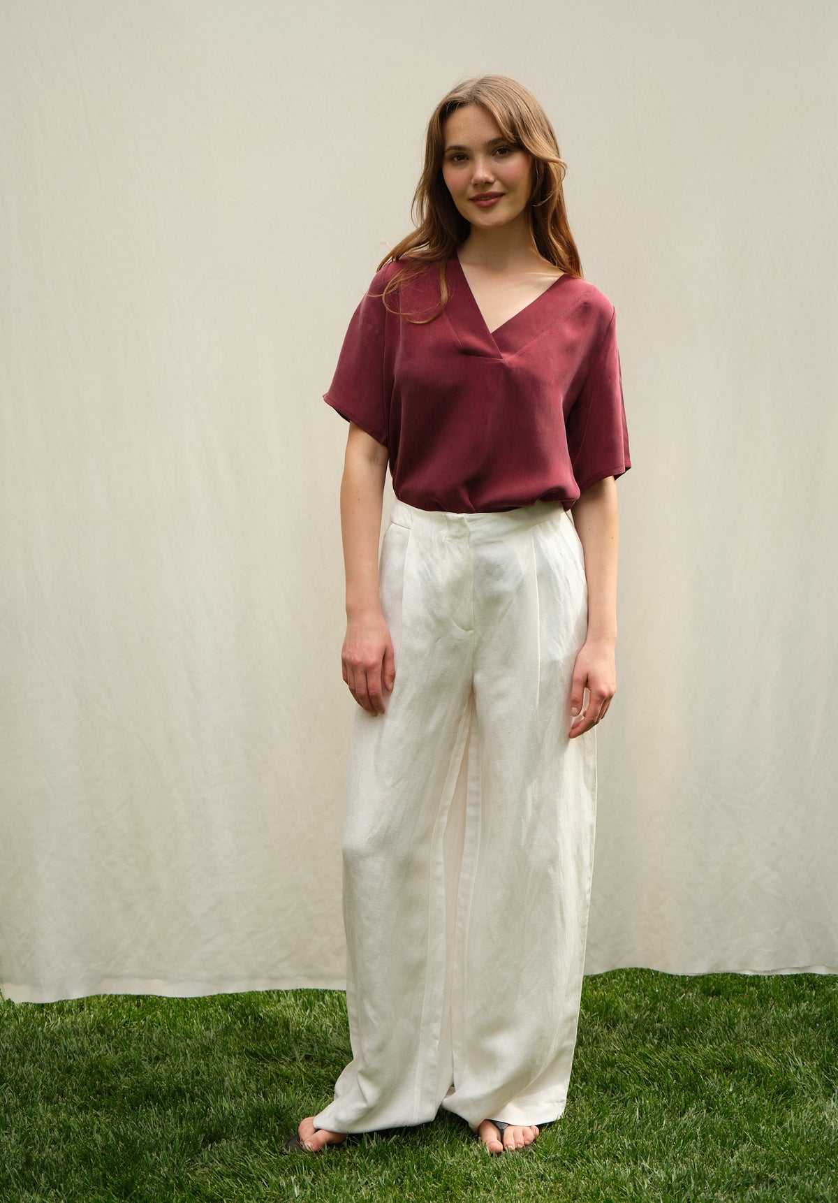 Giulia Keten Karışımlı Geniş Paça Pantolon, Beyaz - 5
