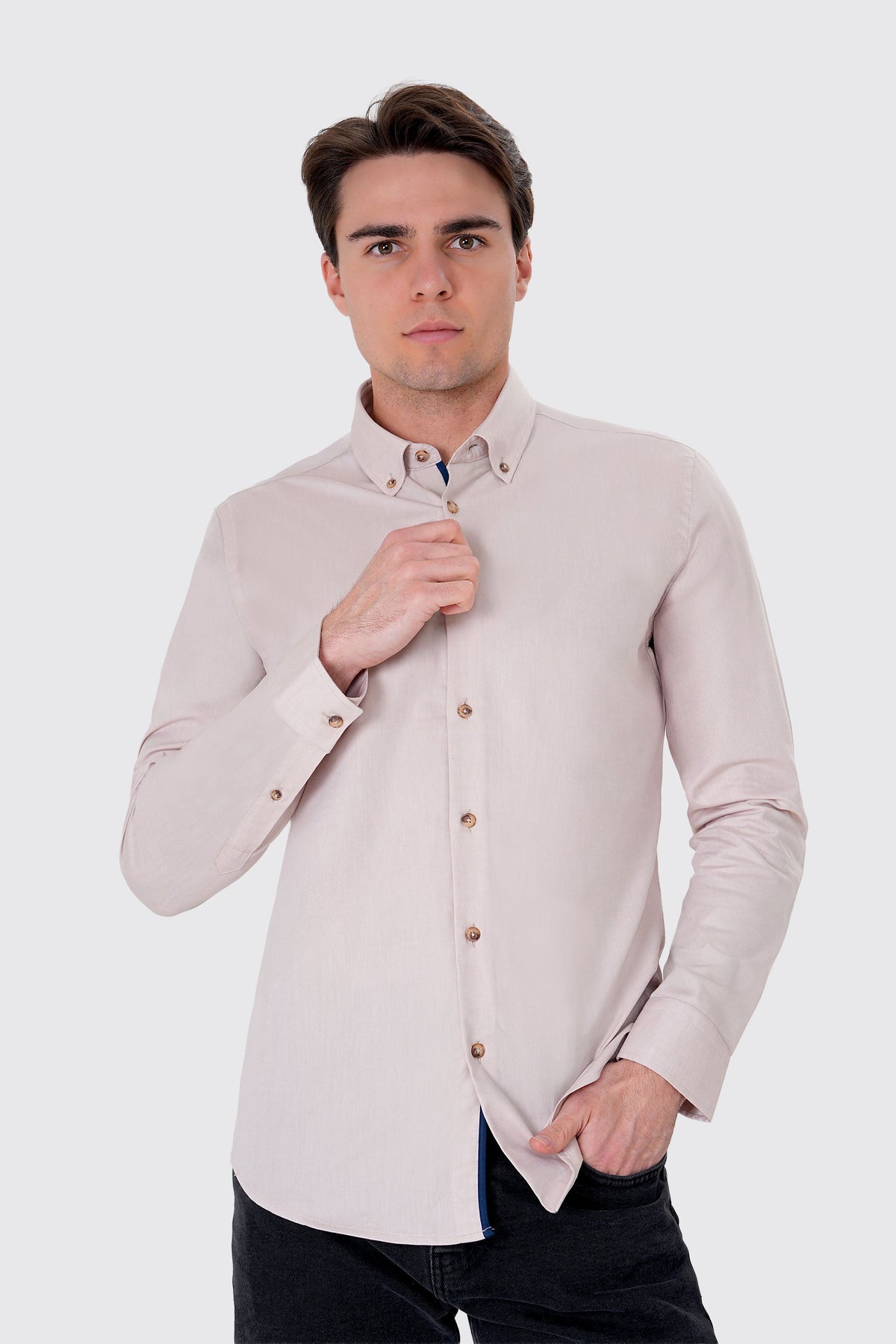 Slim Fit Oxford Erkek Gömlek, Krem - 1