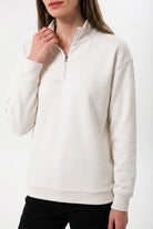 Yarım Fermuarlı Kadın Sweatshirt, Taş - 1