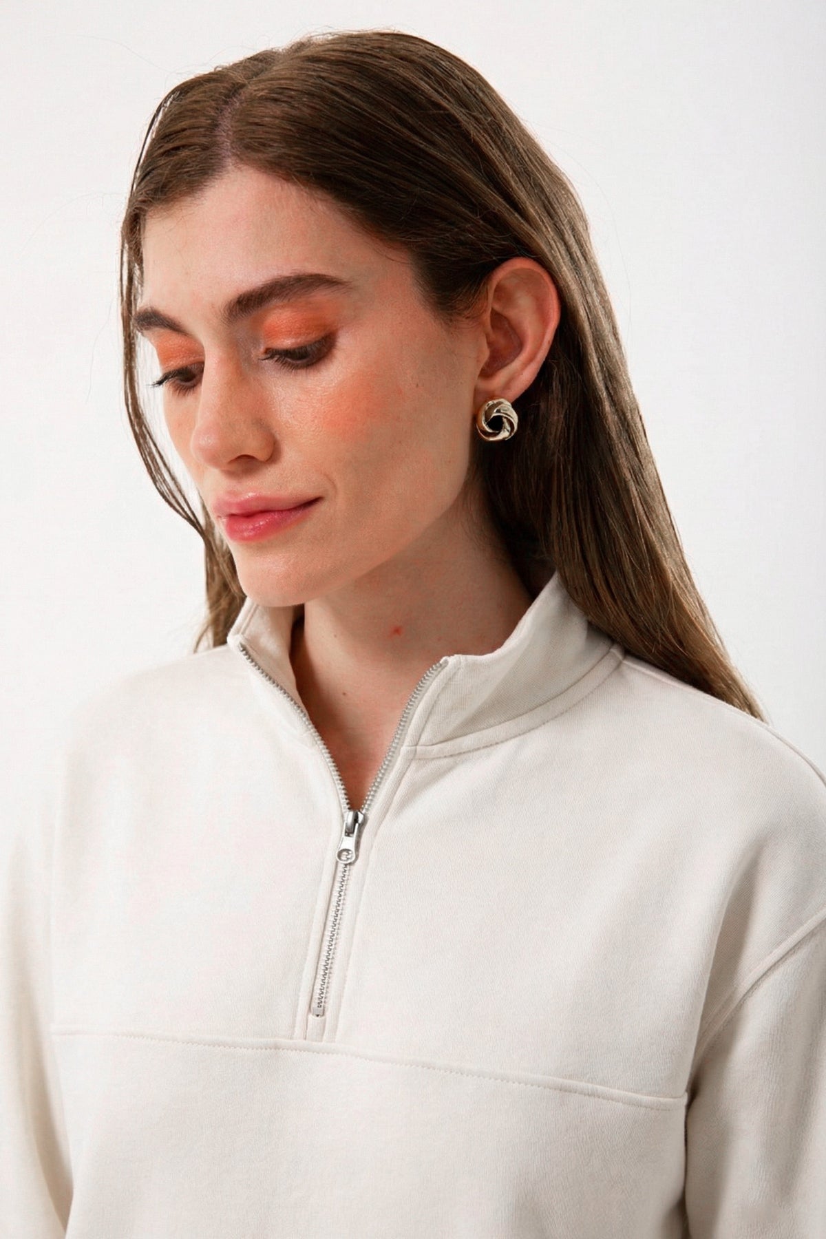 Yarım Fermuarlı Kadın Sweatshirt, Taş - 2