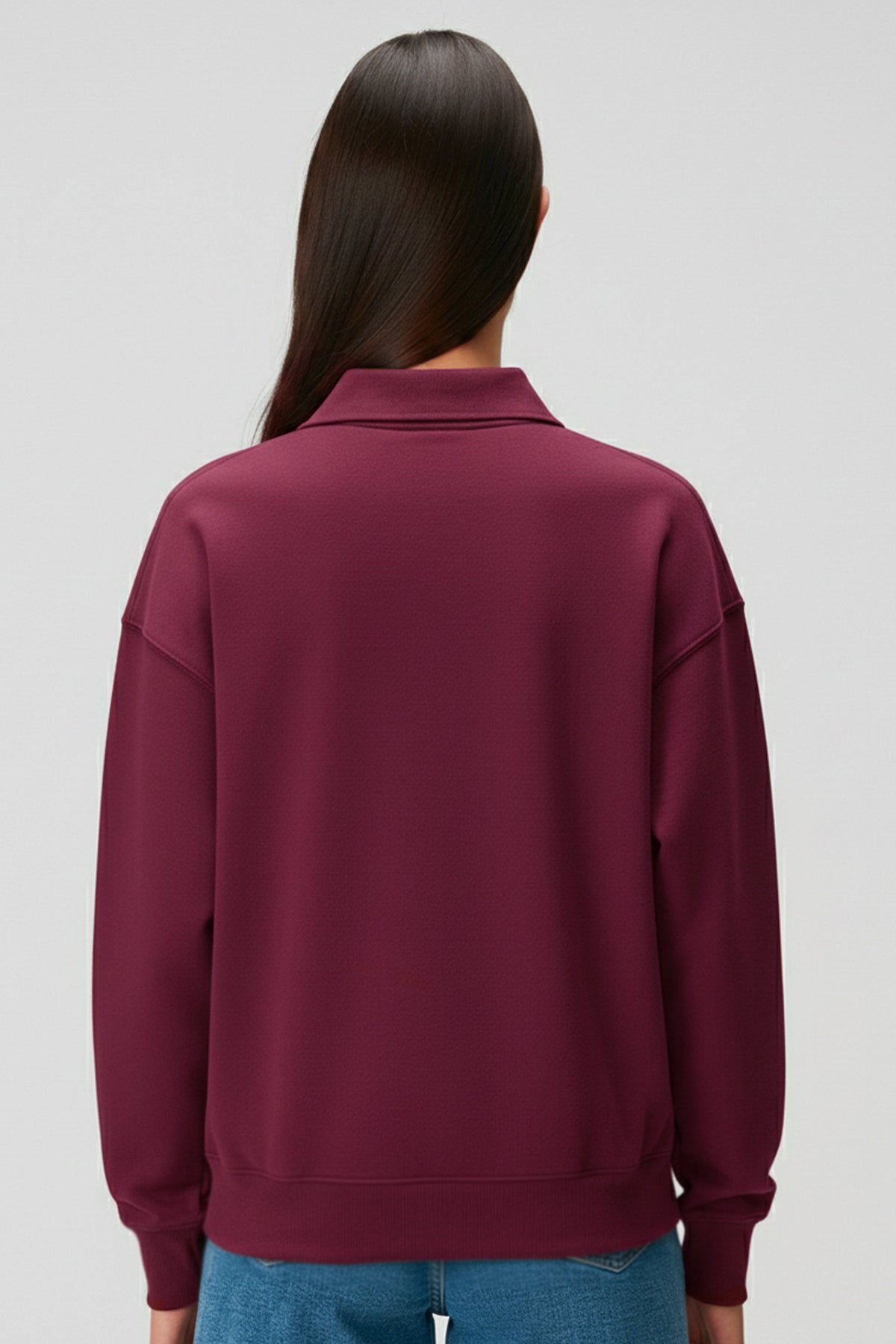 Polo Yaka Logo Nakışlı Sweatshirt, Bordo - 4