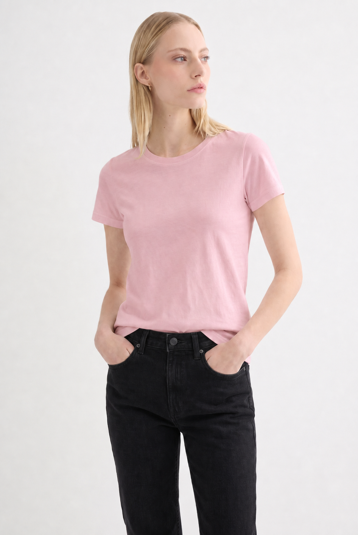 Bisiklet Yaka Kısa Kollu Kadın Tişört, Pembe - 1
