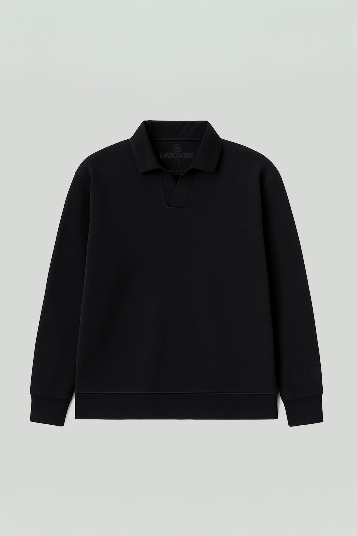 Polo Yaka Logo Nakışlı Sweatshirt, Siyah - 0
