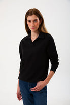 Polo Yaka Logo Nakışlı Sweatshirt, Siyah - 1