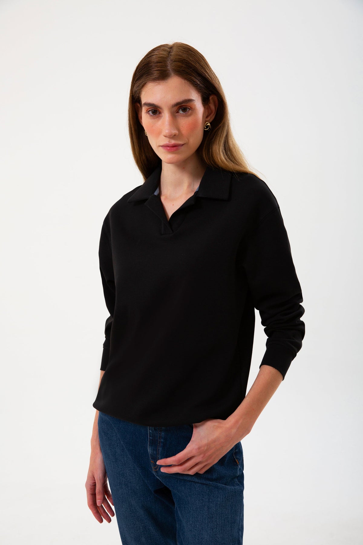 Polo Yaka Logo Nakışlı Sweatshirt, Siyah - 1