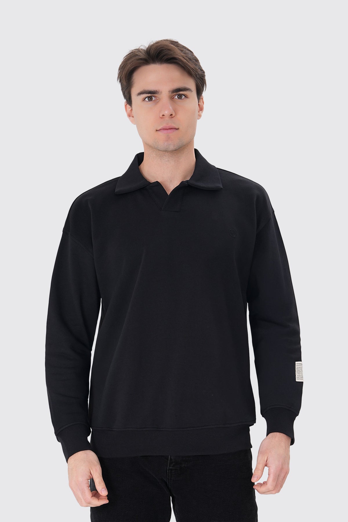 Polo Yaka Logo Nakışlı Sweatshirt, Siyah - 1